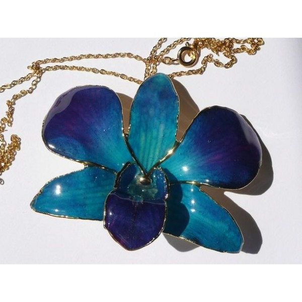 Orchidej ve zlatě modrá velká řetízek i brož