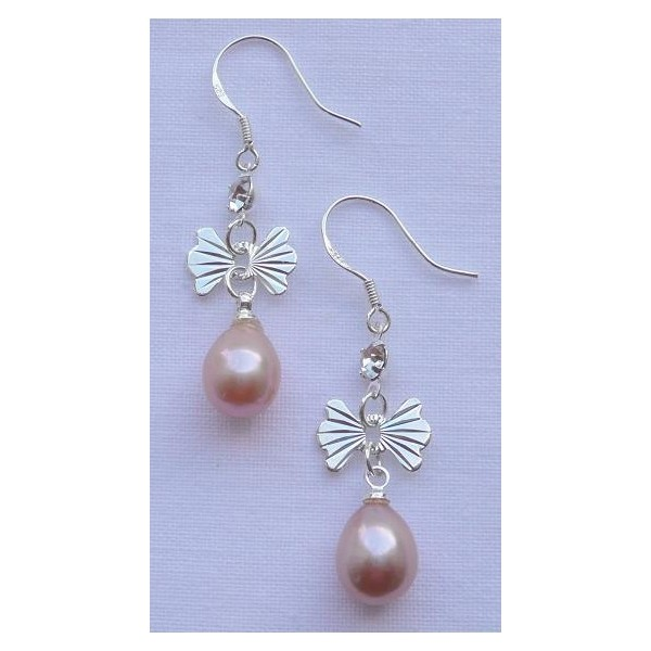 Náušnice s mořskými perlami růžové s mašličkou